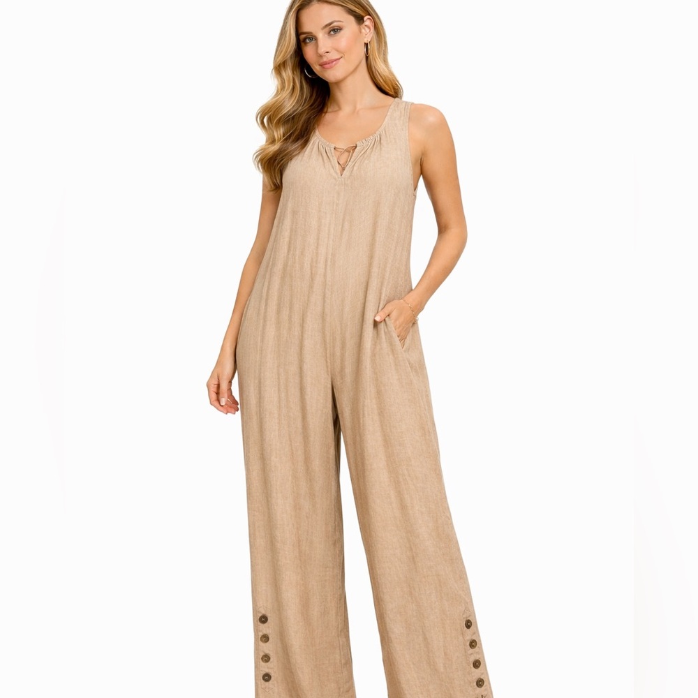 MADE IN ITALY Sleeveless‎ Wide-Leg 100% linen Jumpsuit in Beige M